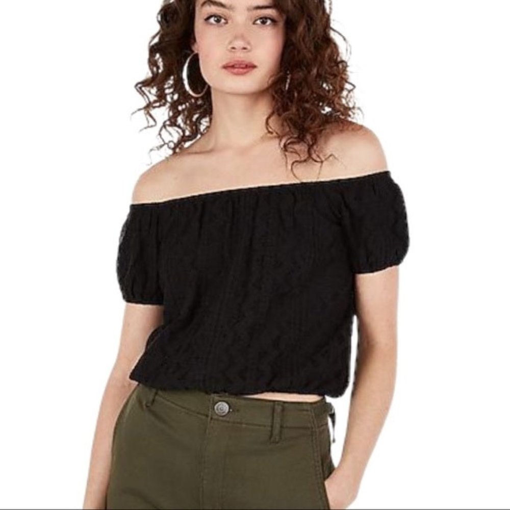 2/$25 🟣 Express Black Lace Off Shoulder Crop Top Short Sleeve Summer Night Out
